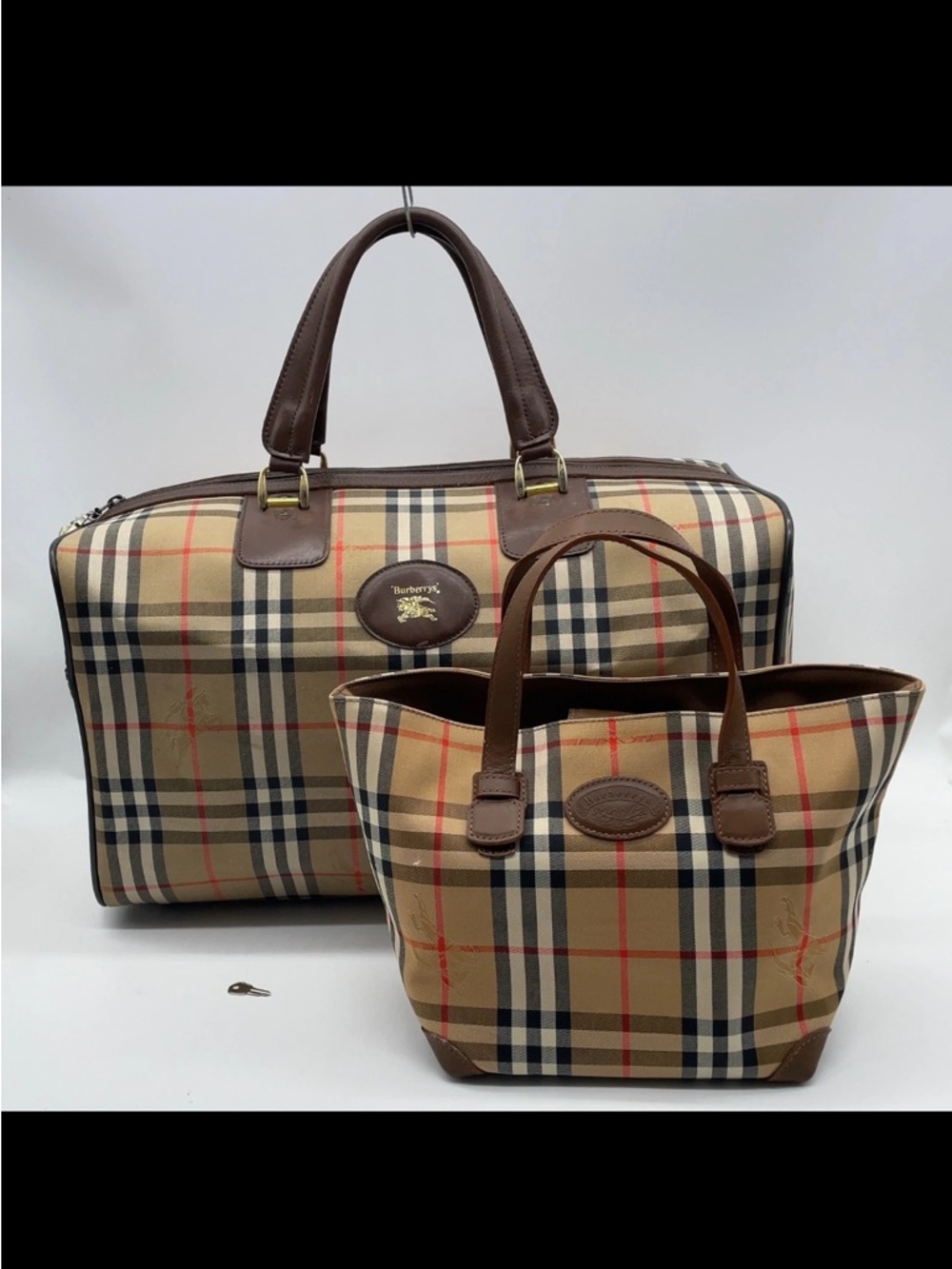 Burberry Nova Check Canvas Boston Duffel and Tote with Leather Trim i030721
